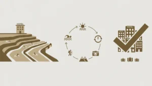 איור חופשה בצבע חום: מלון על טרסות עם שחיינים, מעגל פעילויות (שחייה, טיול, צילום), מלונות עם וי.