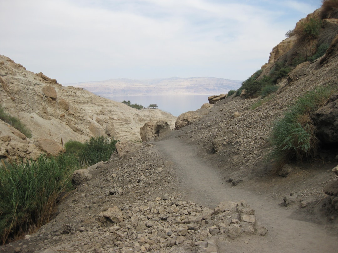 קבוצת מטיילים צועדת בשביל בשמורת טבע מדברית בים המלח, עם נוף עוצר נשימה ונווה מדבר רחוק.