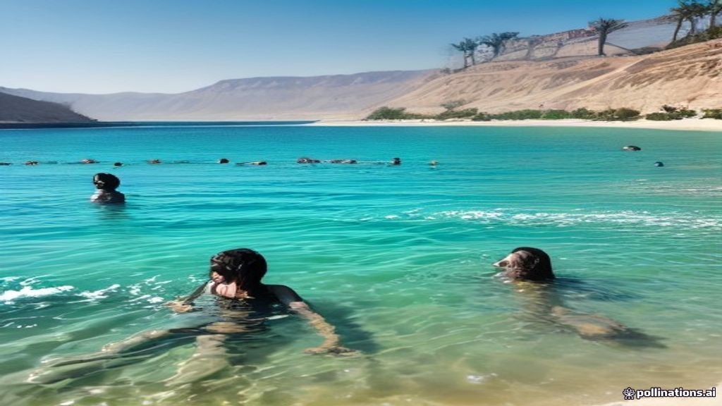 אנשים צפים בים המלח בחוף קליה, מורחים בוץ שחור על גופם, עם שמשיות וכיסאות נוח ברקע